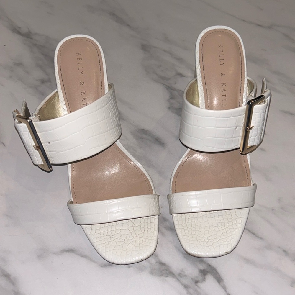 Kelly and Katie white croco open toed heeled mules